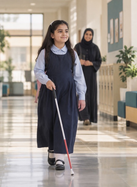 طفلةٌ كفيفة تمشي بعصًا بيضاء في ممرّ المدرسة، وأمّها خلفها.