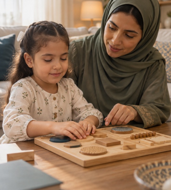 طفلةٌ تتحسّس لوحةً خشبية بأشكالٍ وملامس مختلفة، وأمّها بجانبها تتابعها.