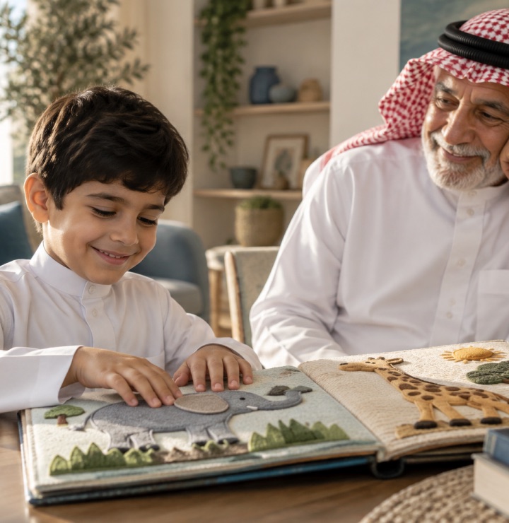 طفلٌ يتحسّس كتابًا قماشيًّا ملمسيًّا عليه فيلٌ وزرافة، وجدّه يبتسم بجانبه.
