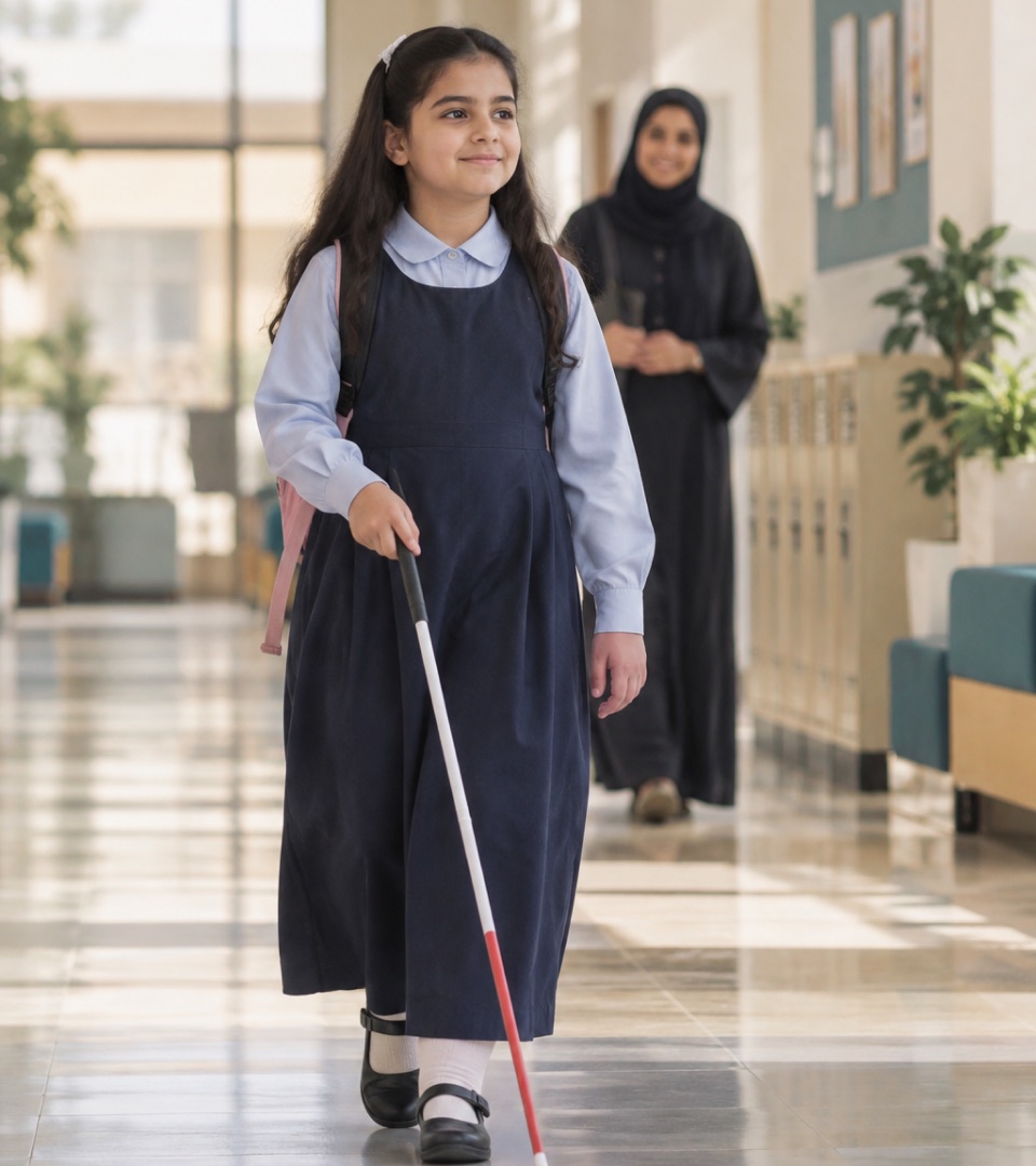 طفلةٌ كفيفة بزيّ المدرسة تمشي بعصًا بيضاء في ممرّ مدرستها، وأمّها تتابعها من خلفها.
